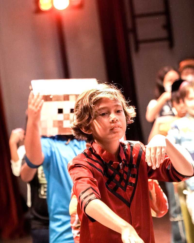 A boy in a red shirt has a cardboard box on his head