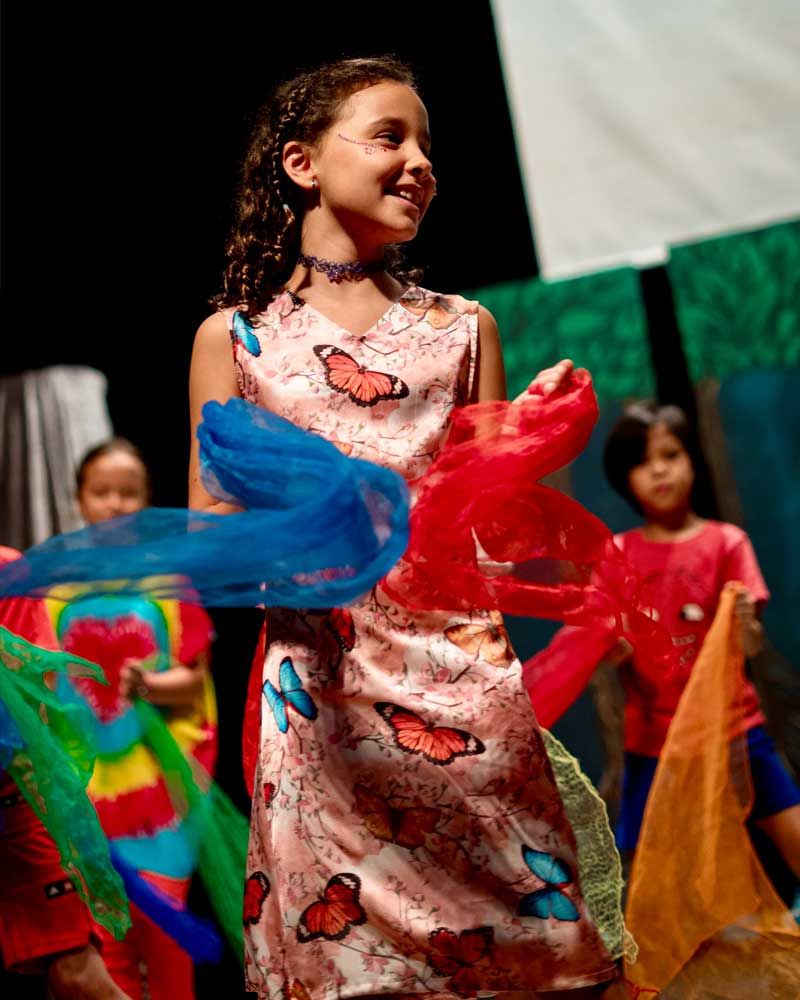 A girl in a pink dress with butterflies on it is dancing on a stage