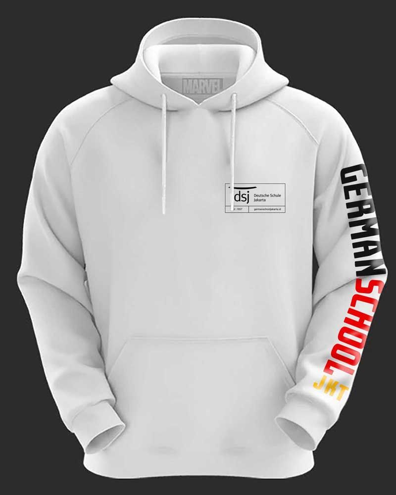 A white hoodie with german school written on the sleeve