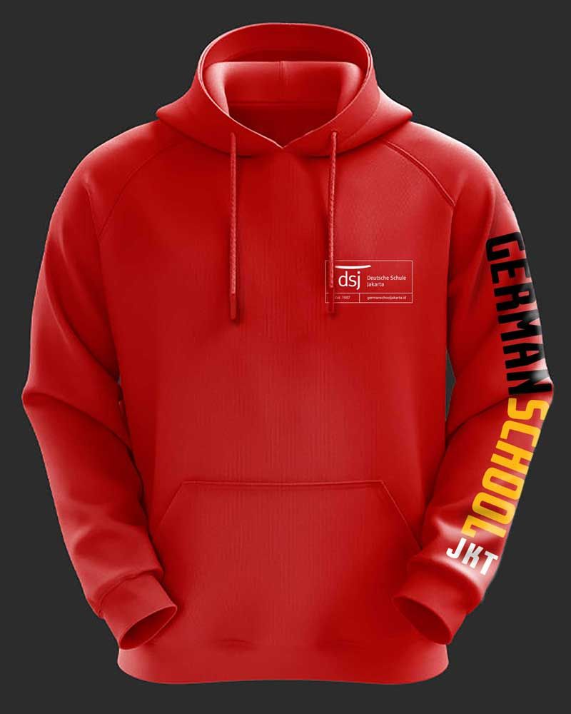 A red hoodie that says german school on the sleeves