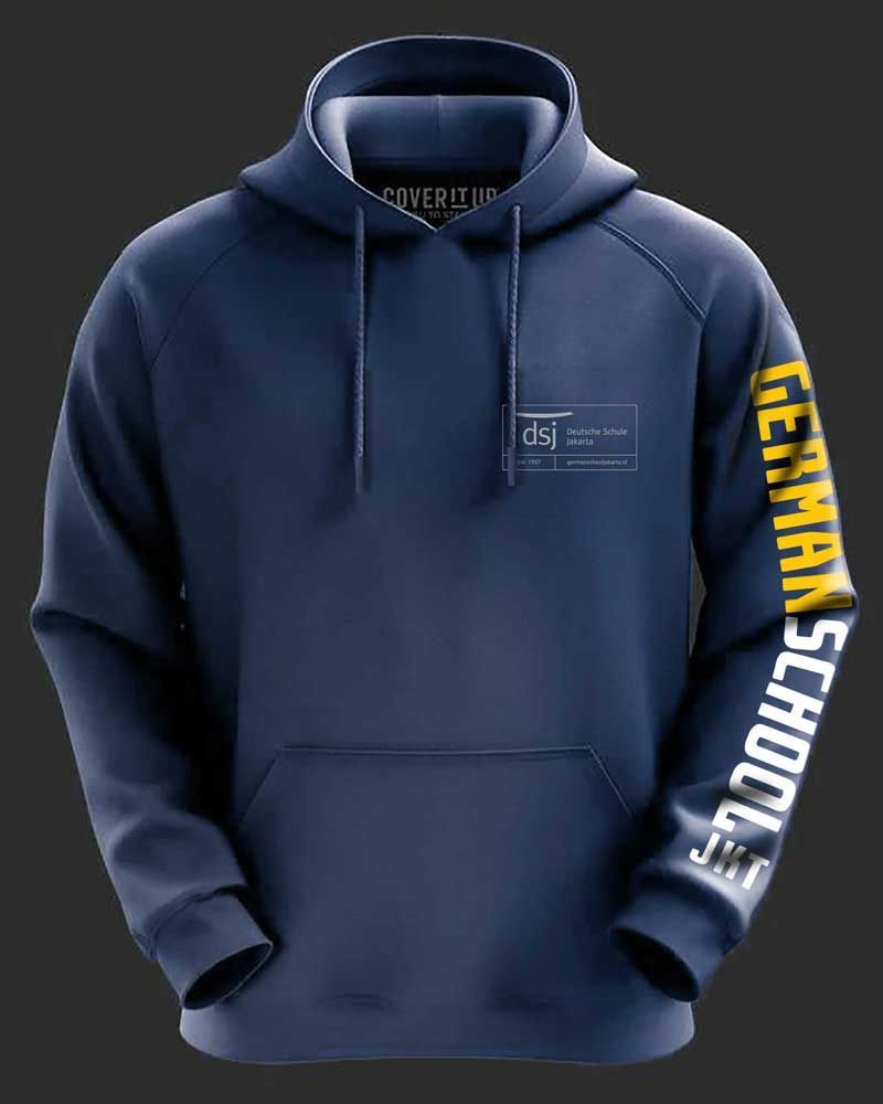 A blue hoodie with the word german school on the sleeve