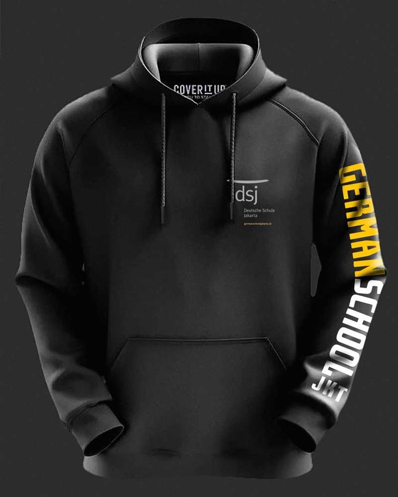 A black hoodie with the word german school on the sleeve