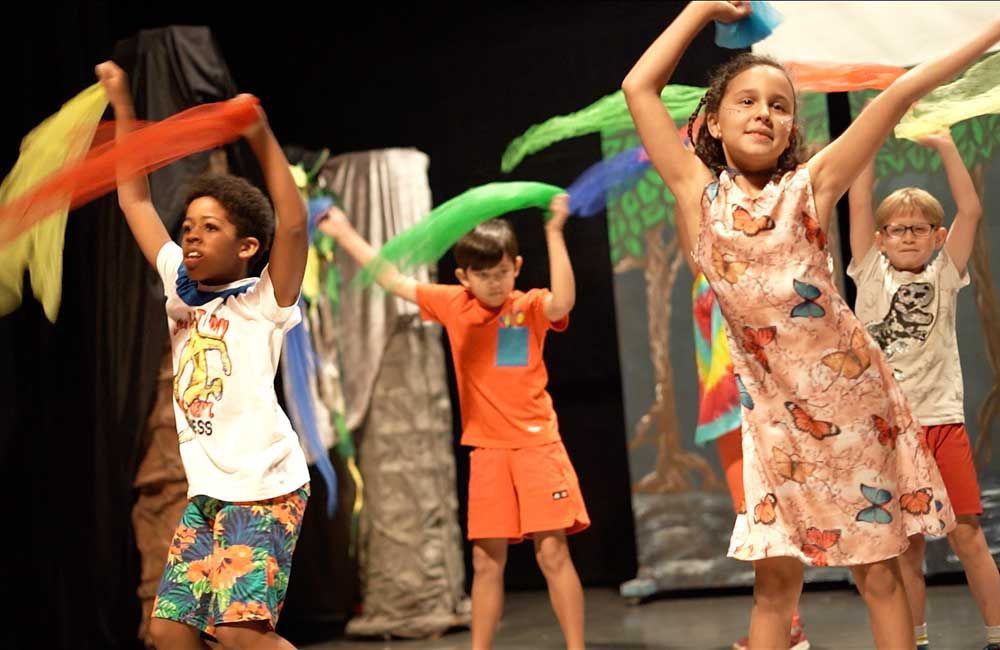 A group of children are dancing on a stage.
