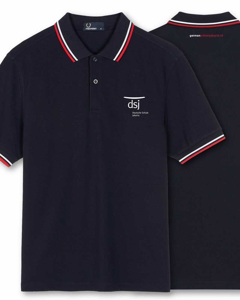 A black polo shirt with the word dsj on the front