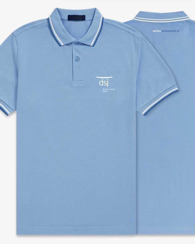 The front and back of a light blue polo shirt.