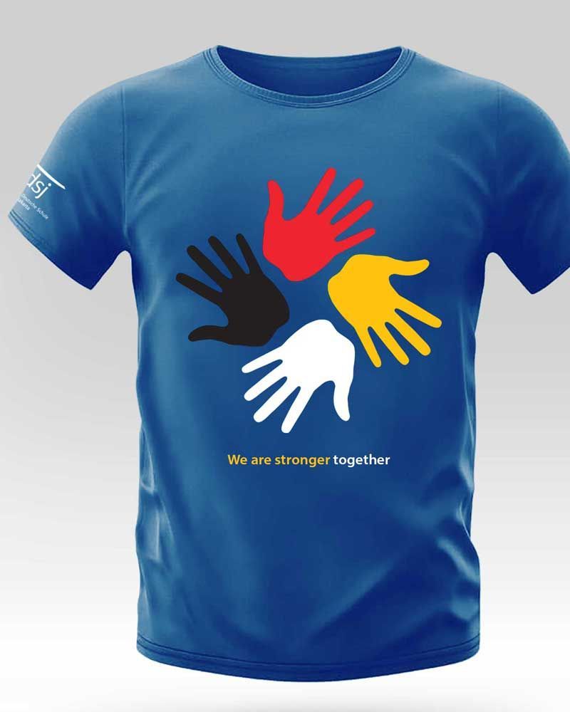 A blue t-shirt that says we are stronger together