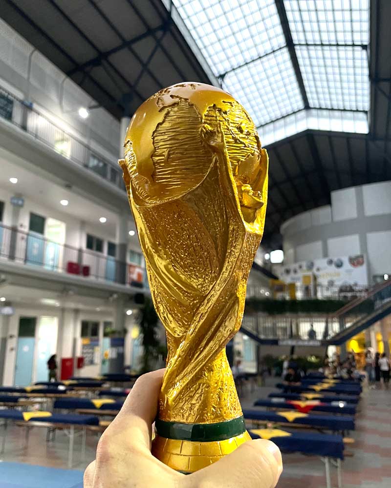 A person is holding a gold trophy in their hand