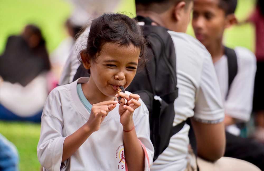 A little girl is sitting on the grass eating a candy bar.