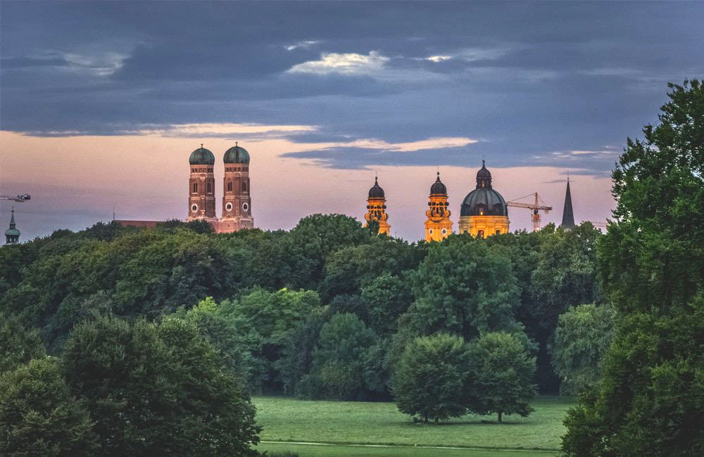 A view of a city skyline from a park with trees in the foreground.