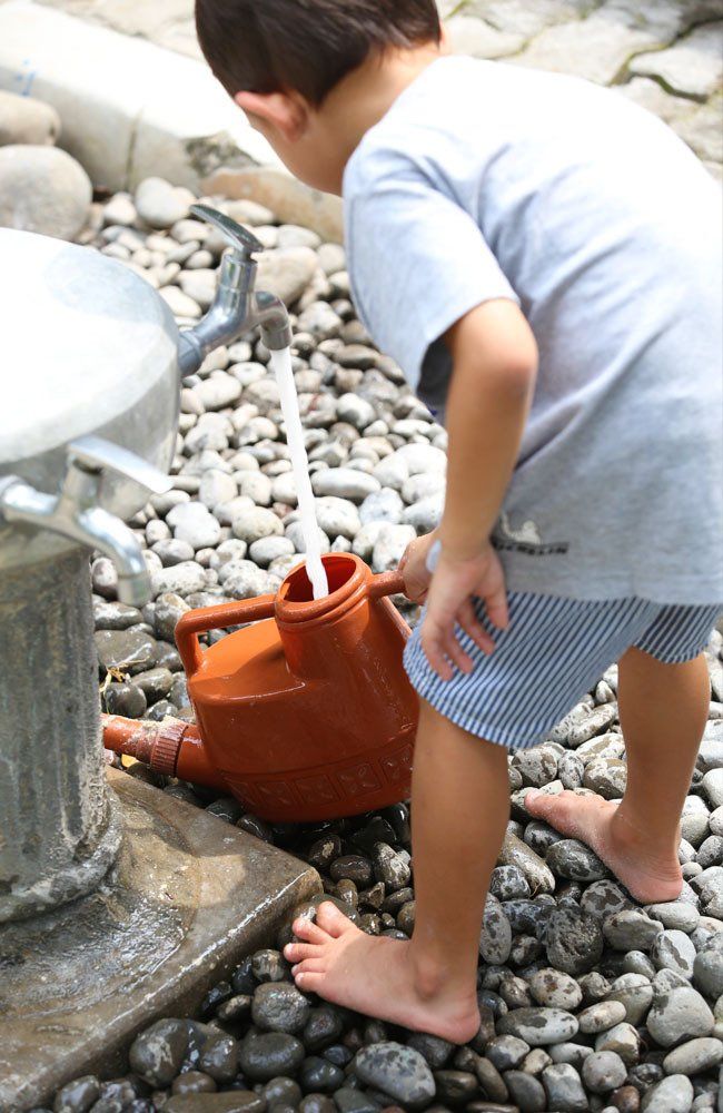 A young boy is pouring water from a watering can