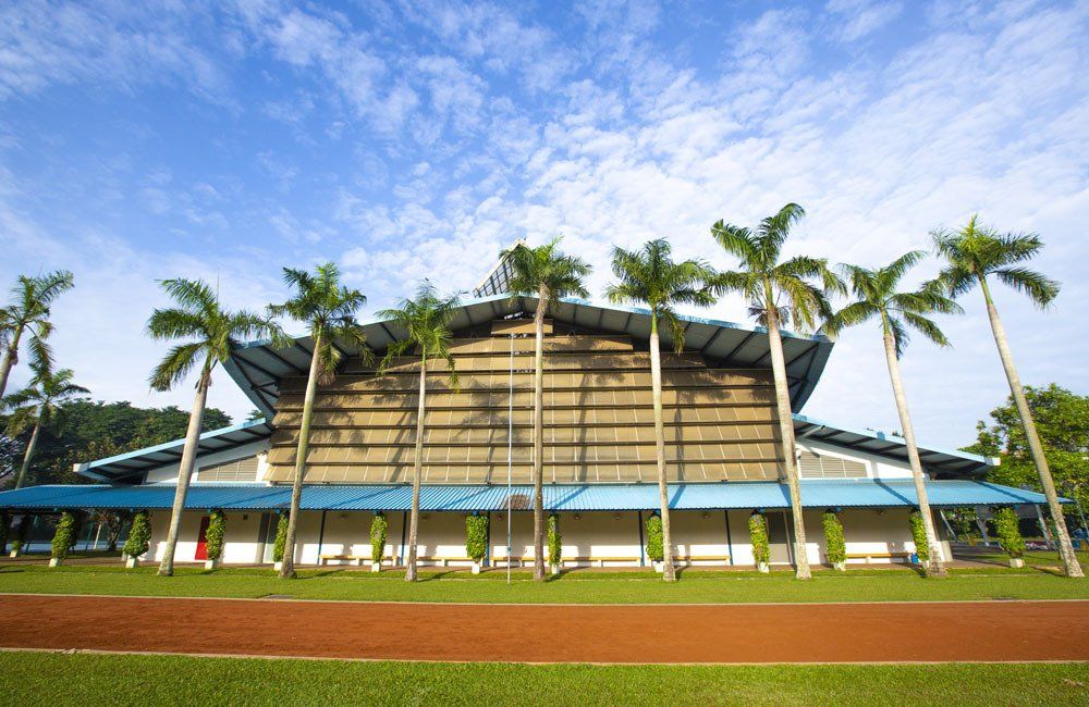 A large building with palm trees in front of it