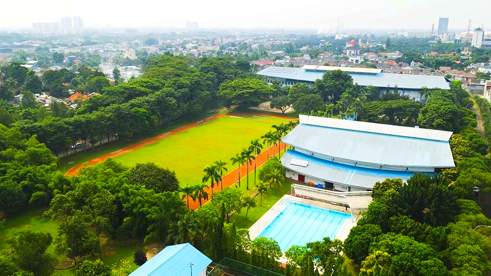 An aerial view of a swimming pool surrounded by trees and buildings.