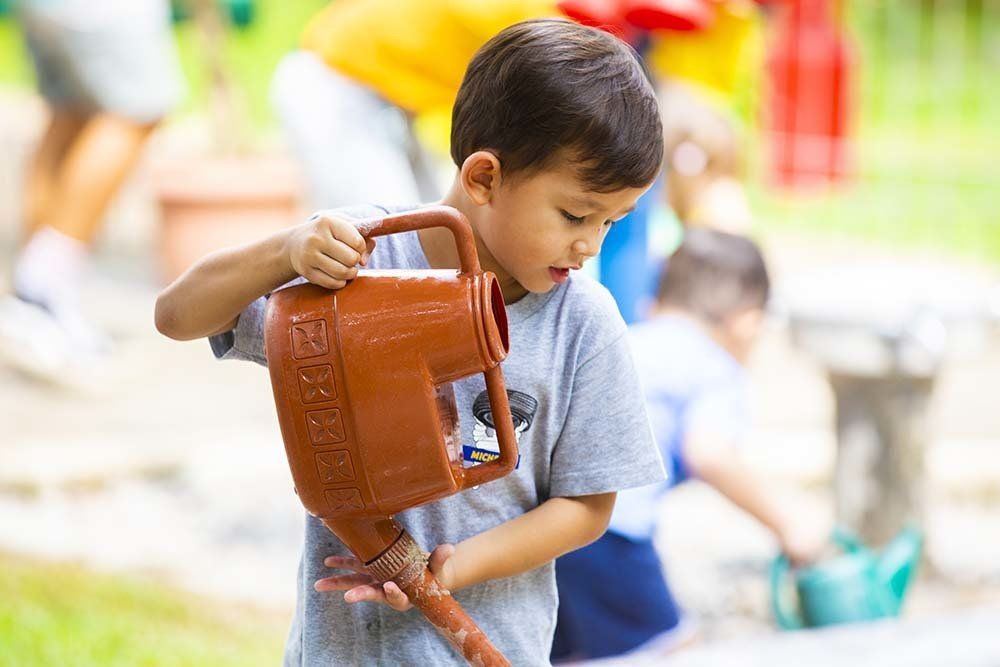 A young boy is watering a plant with a watering can.