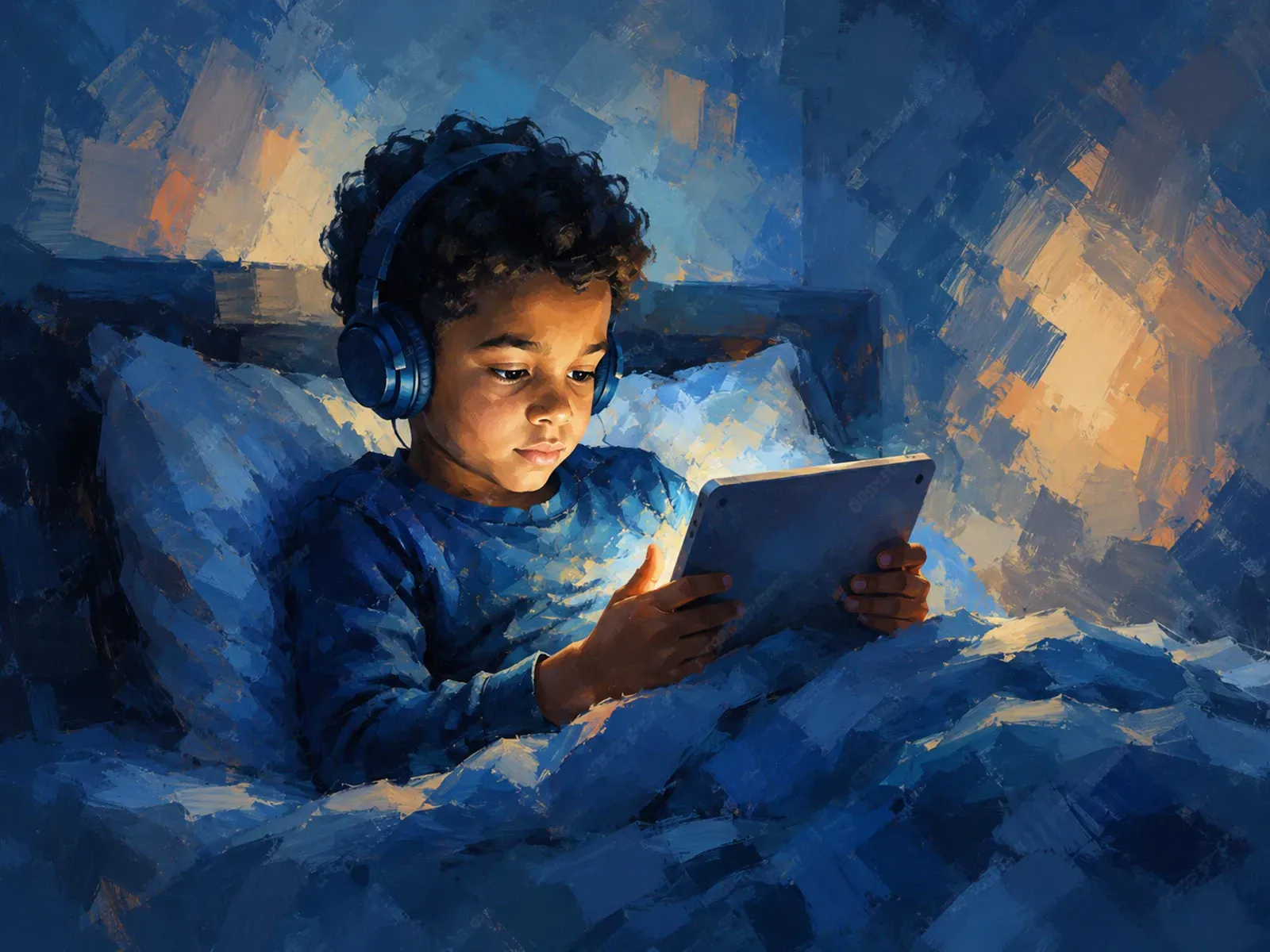 Child in blue pajamas wearing headphones, reading a tablet in bed at night.