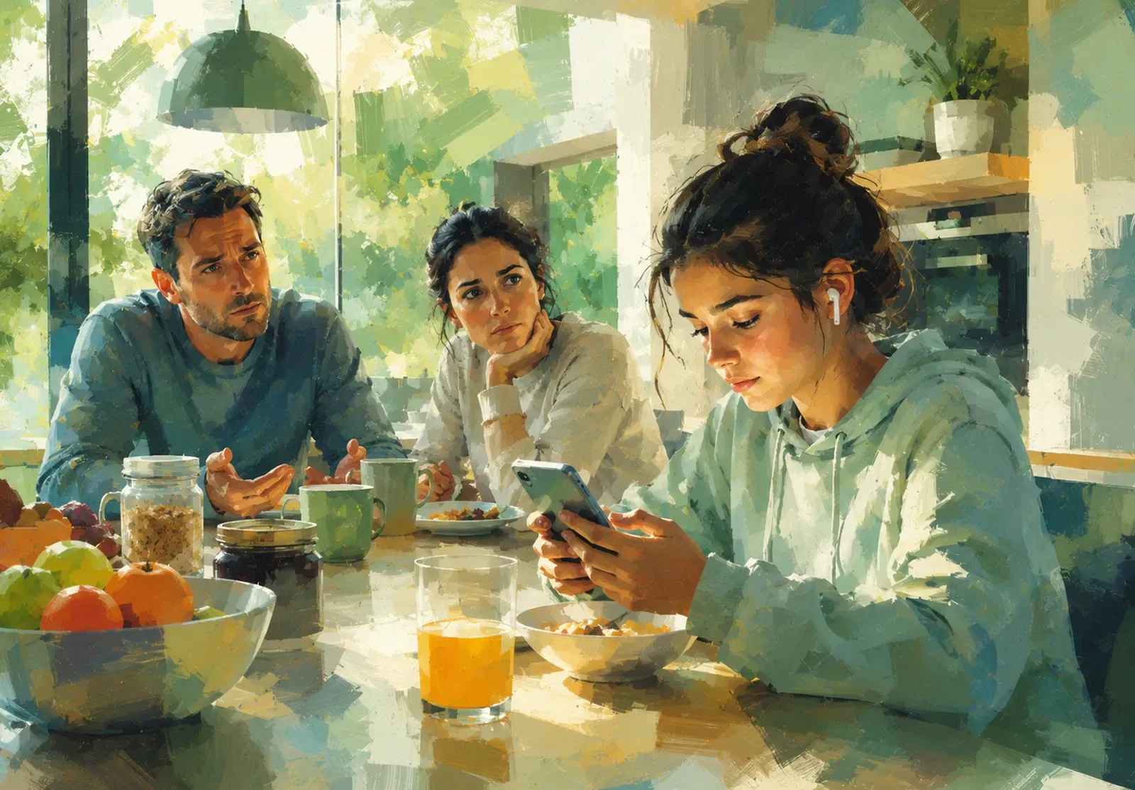 Three people sitting at a bright table, using smartphones, with fruit, drinks, and sunlight in a cozy room