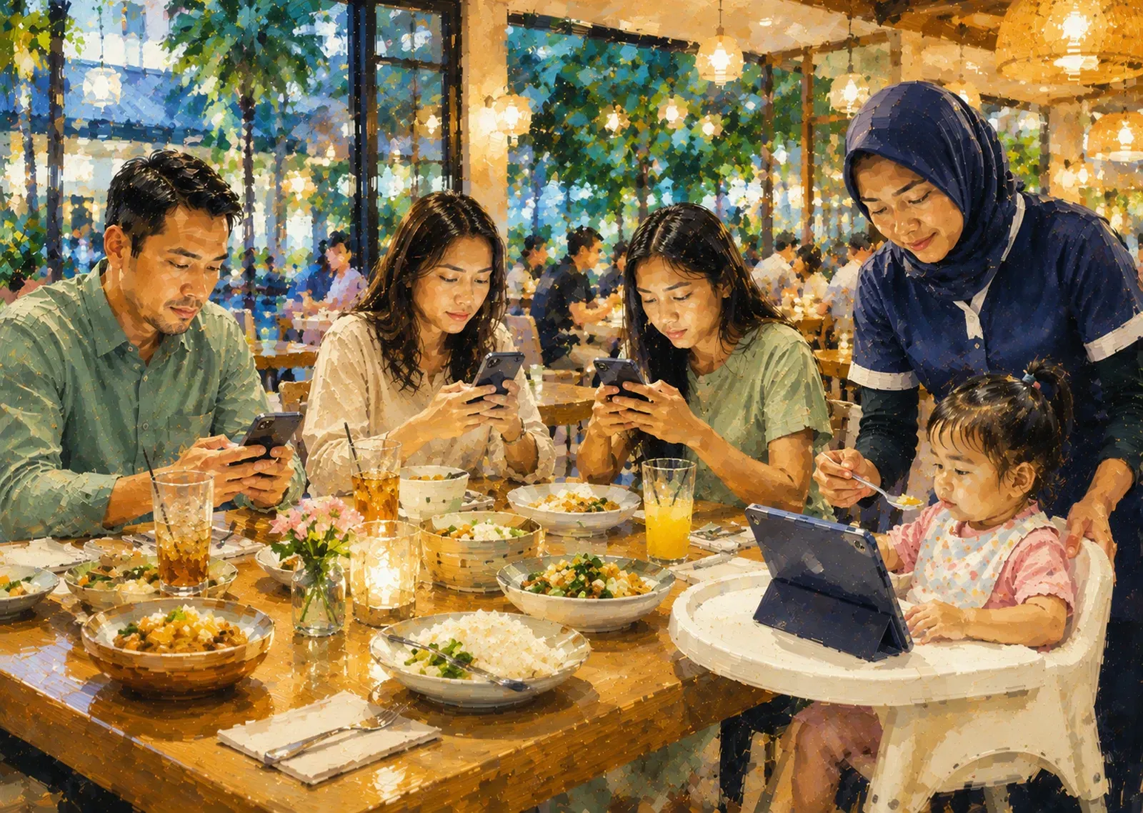 Family sharing a meal at a warmly lit outdoor restaurant, with a child using a tablet at the table.