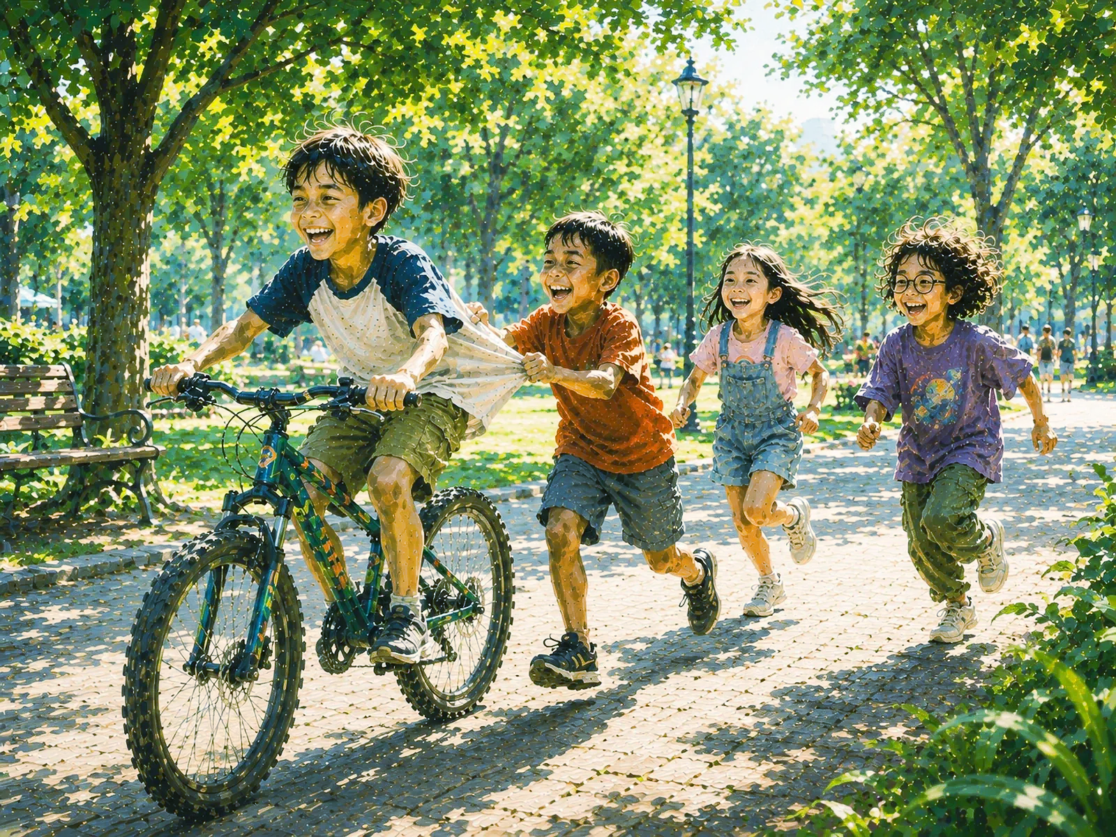 Four children riding bikes and running along a sunlit park path under green trees