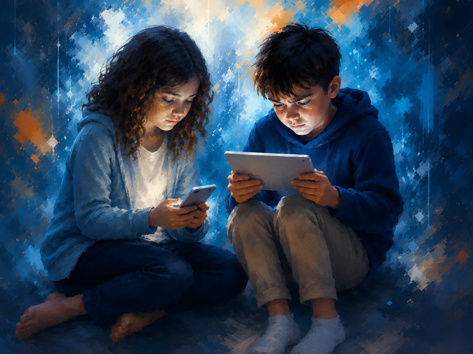 Two children sit together, looking at a phone and tablet, surrounded by a blue, glowing background.