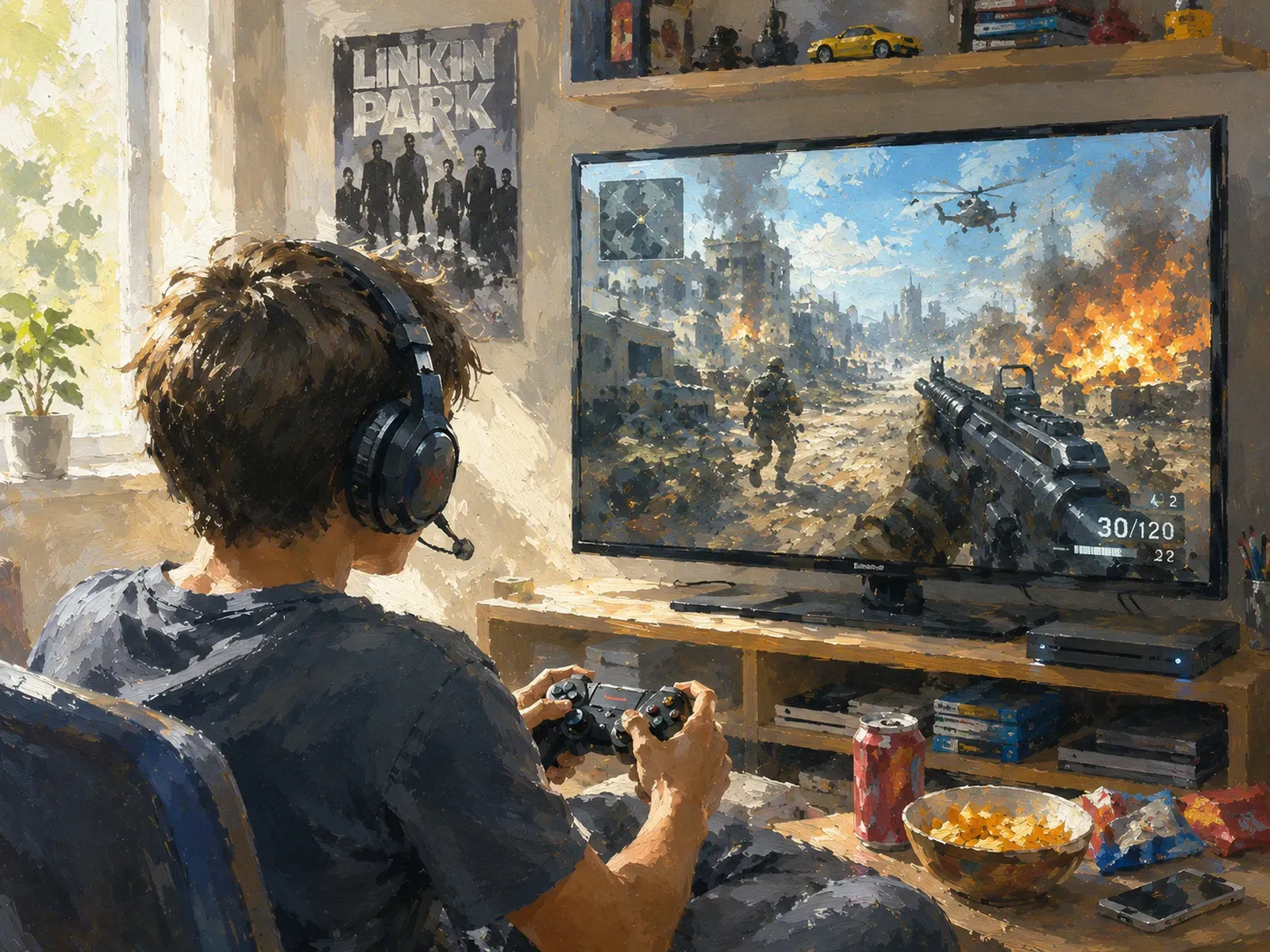 Person gaming at a desk with headphones, facing a TV showing a battle scene and explosions