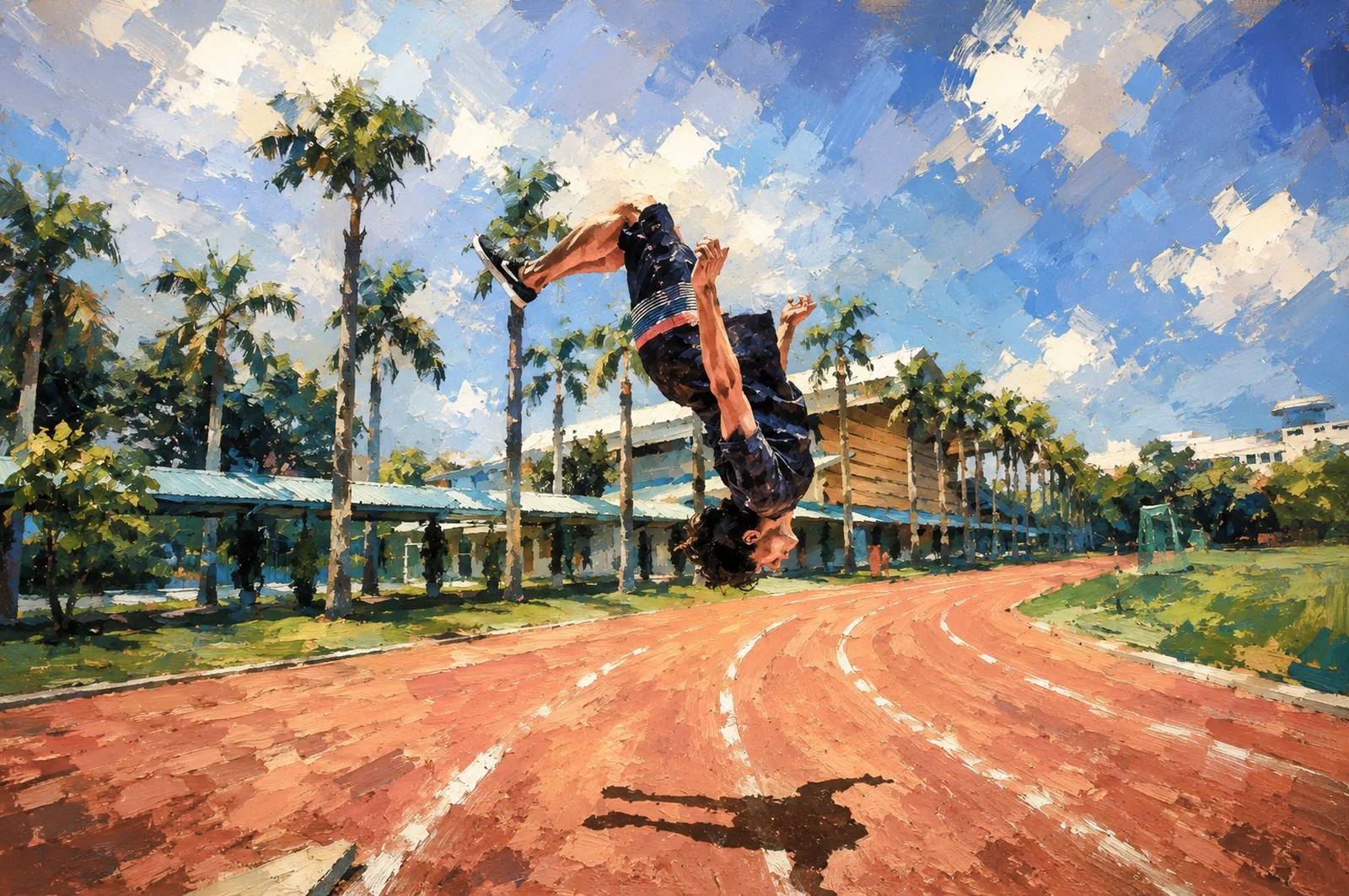 Painted scene of a curved red track by palm trees and buildings under a bright blue sky, with a man making a back flip