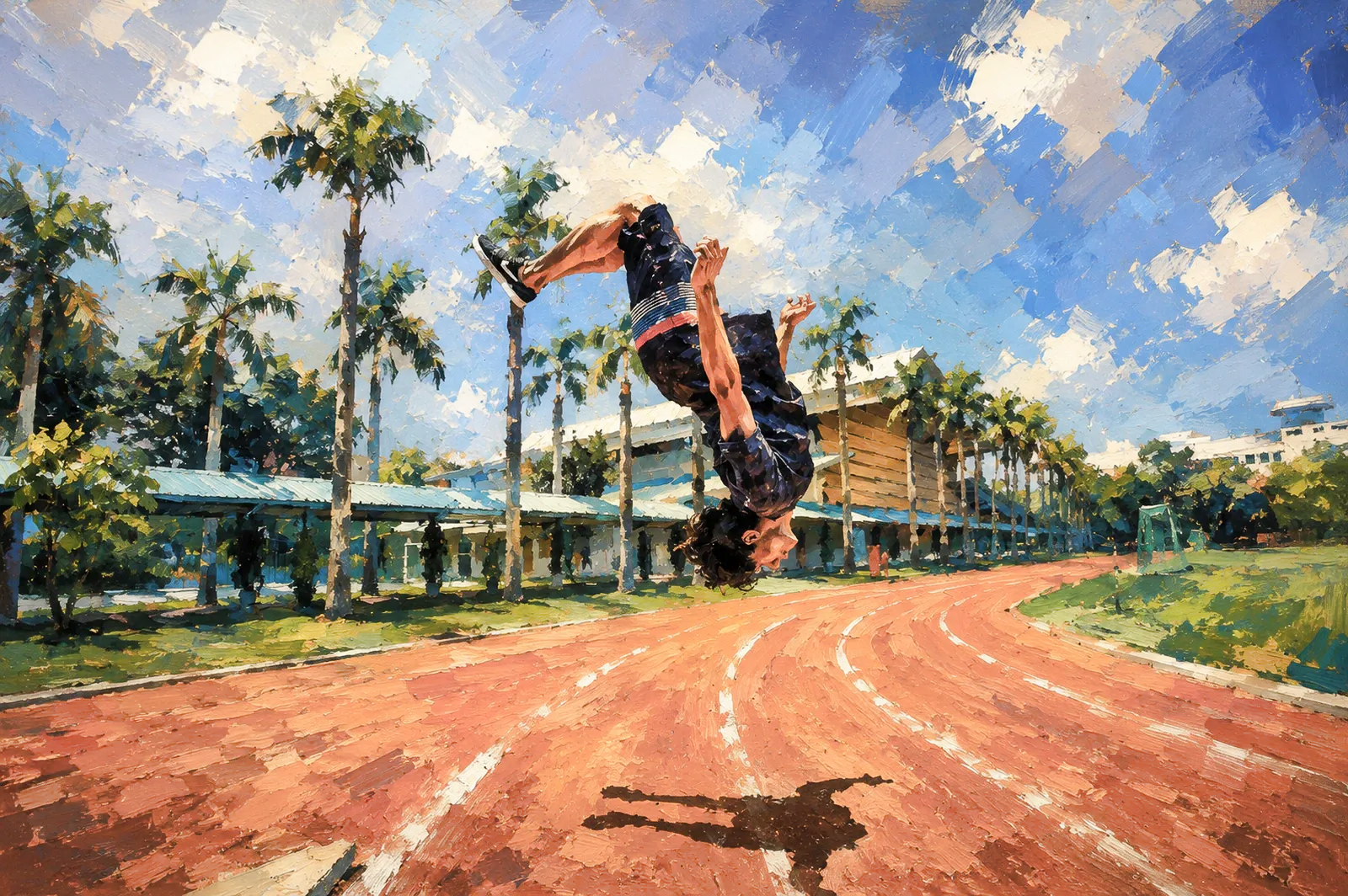Runner midair above red track on a sunny campus with palm trees and buildings