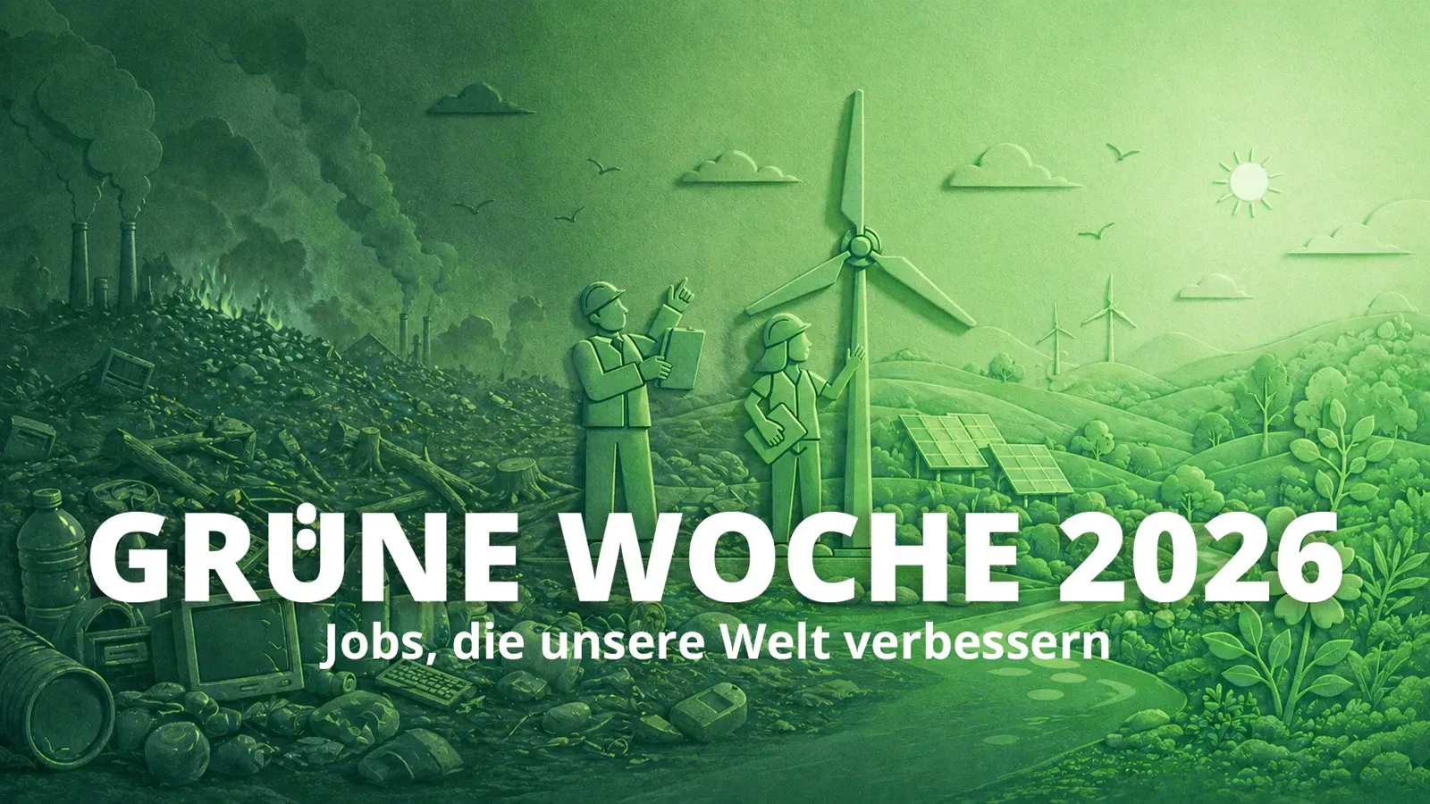Grüne Woche 2026 poster with wind turbines, crops and people in a green landscape; text: 