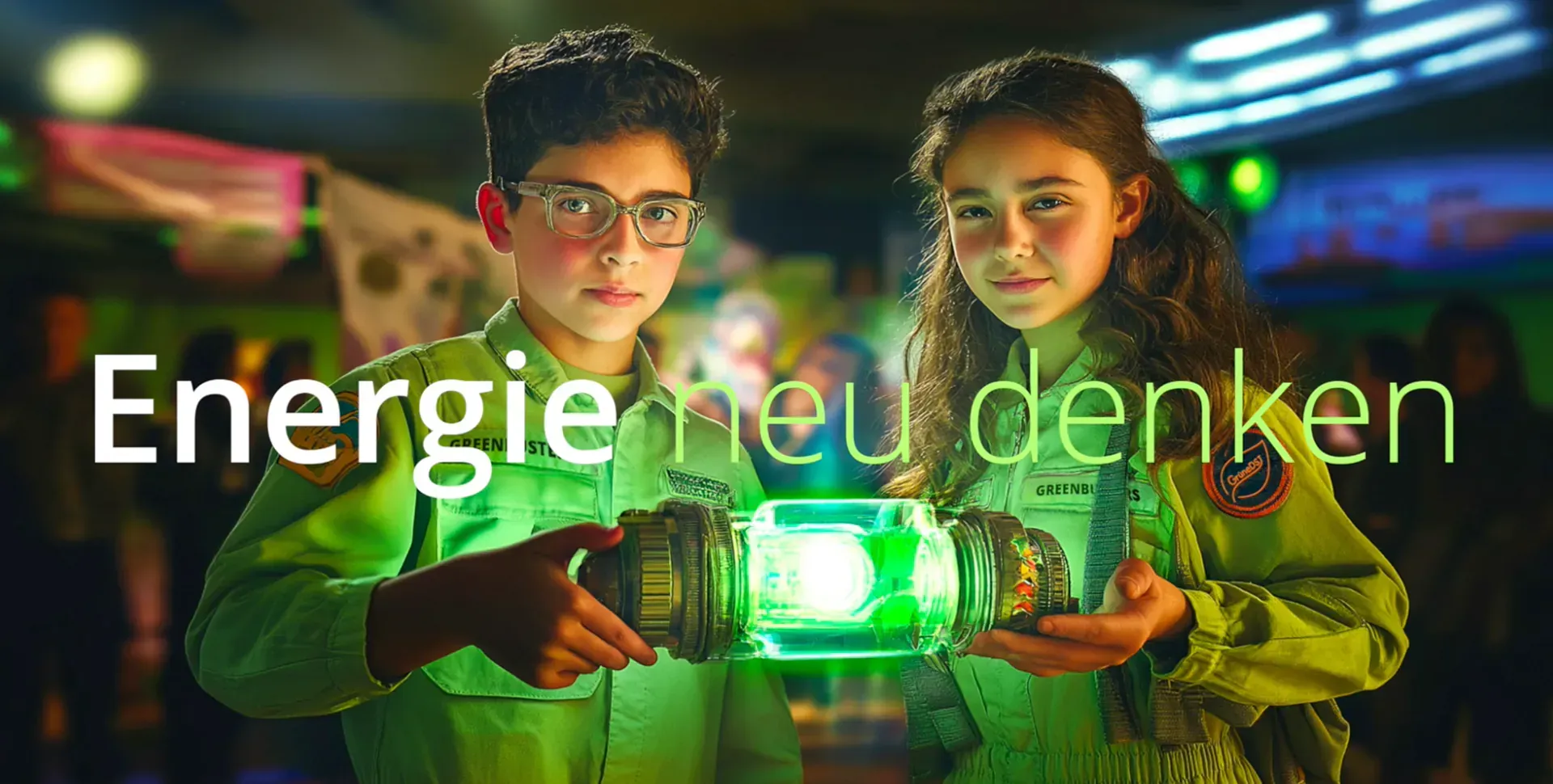 Two students in green Greenbuster overalls holding a futuristic energy device