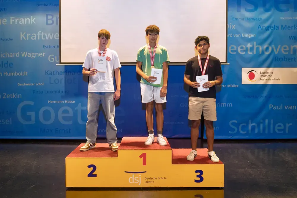 Three young men standing on a podium with the number 1 2 and 3 on it