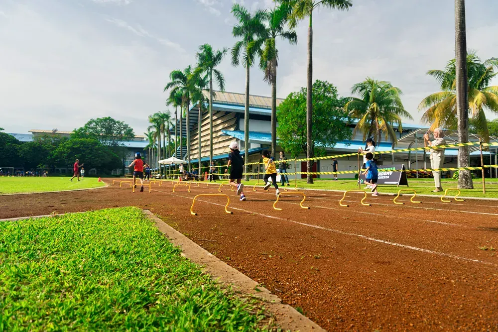 A group of people are running on a track surrounded by palm trees