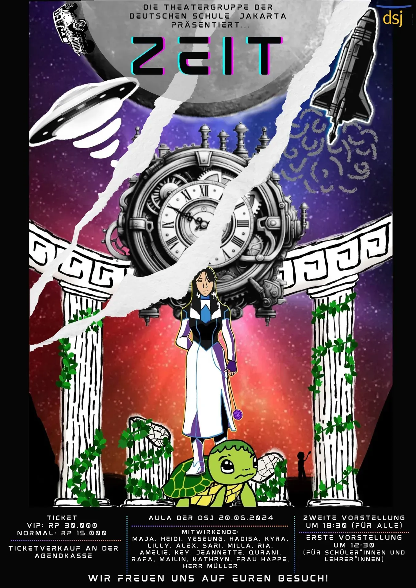 A poster for zeit shows a woman standing in front of a clock