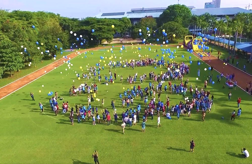 A large group of people are standing in a field with balloons flying in the air.