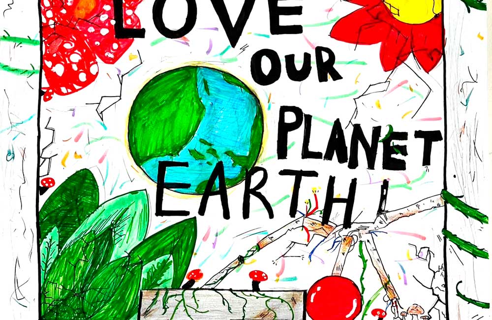 A drawing of a globe with the words `` love our planet earth '' written on it.