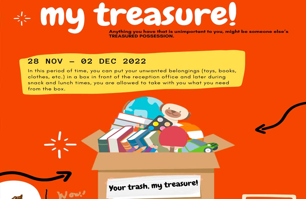 A poster that says `` my treasure '' with a cardboard box filled with clothes and books.