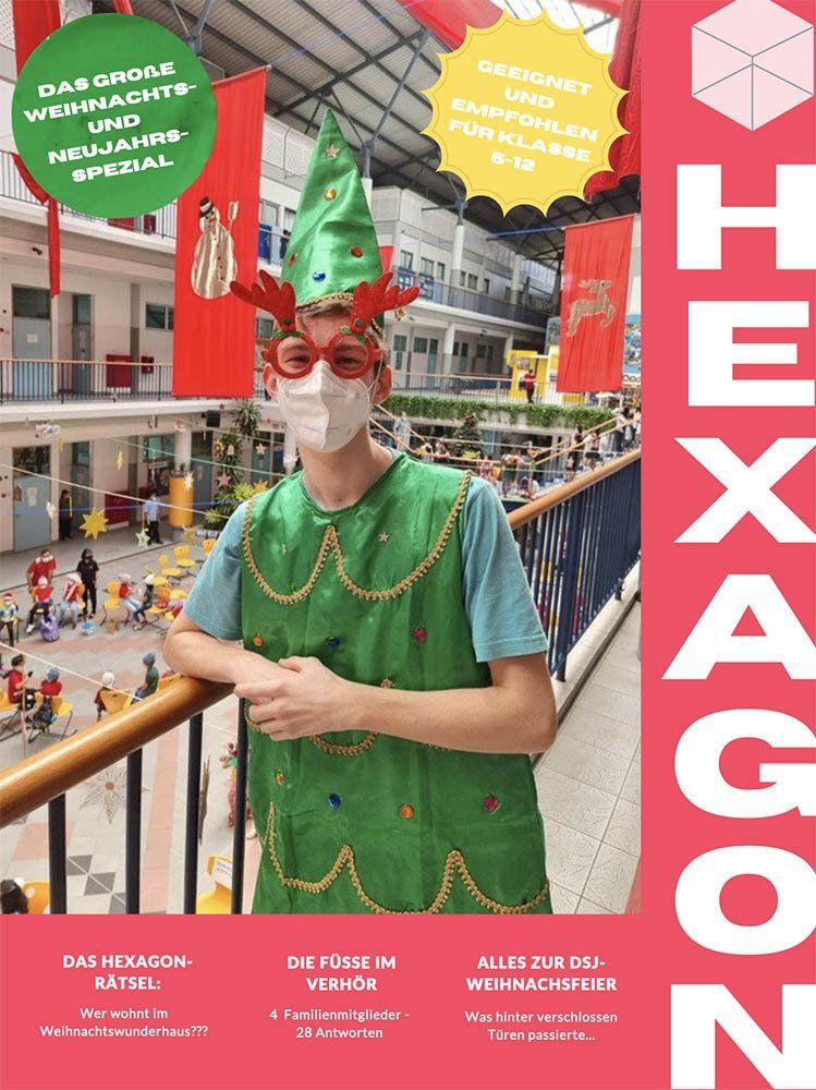 A man wearing a mask and a green elf costume is standing on a balcony.