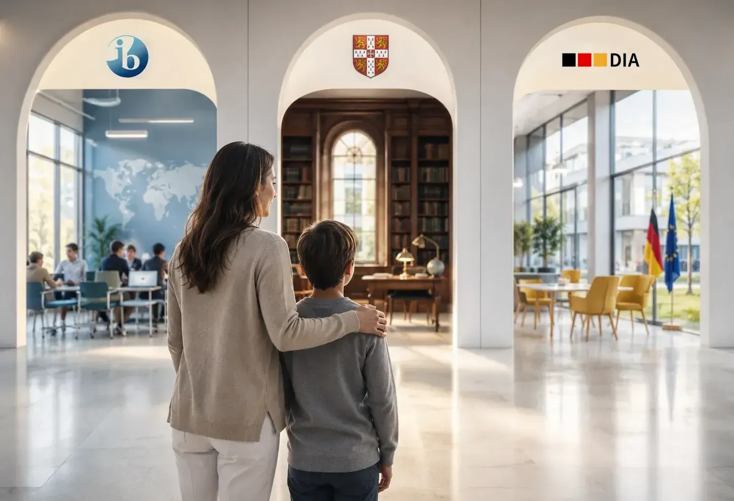 A mom and her child standing in front of 3 doors leading to IB, Cambridge, and DIA Curricula