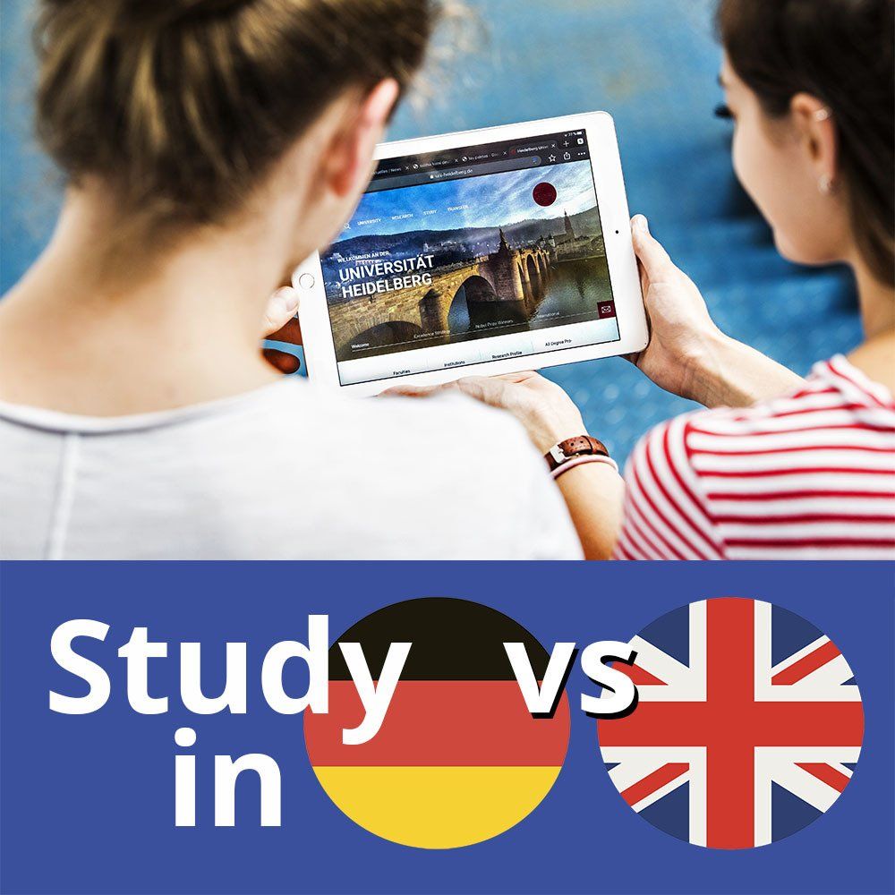 Two women are looking at a tablet with the words study vs in below them