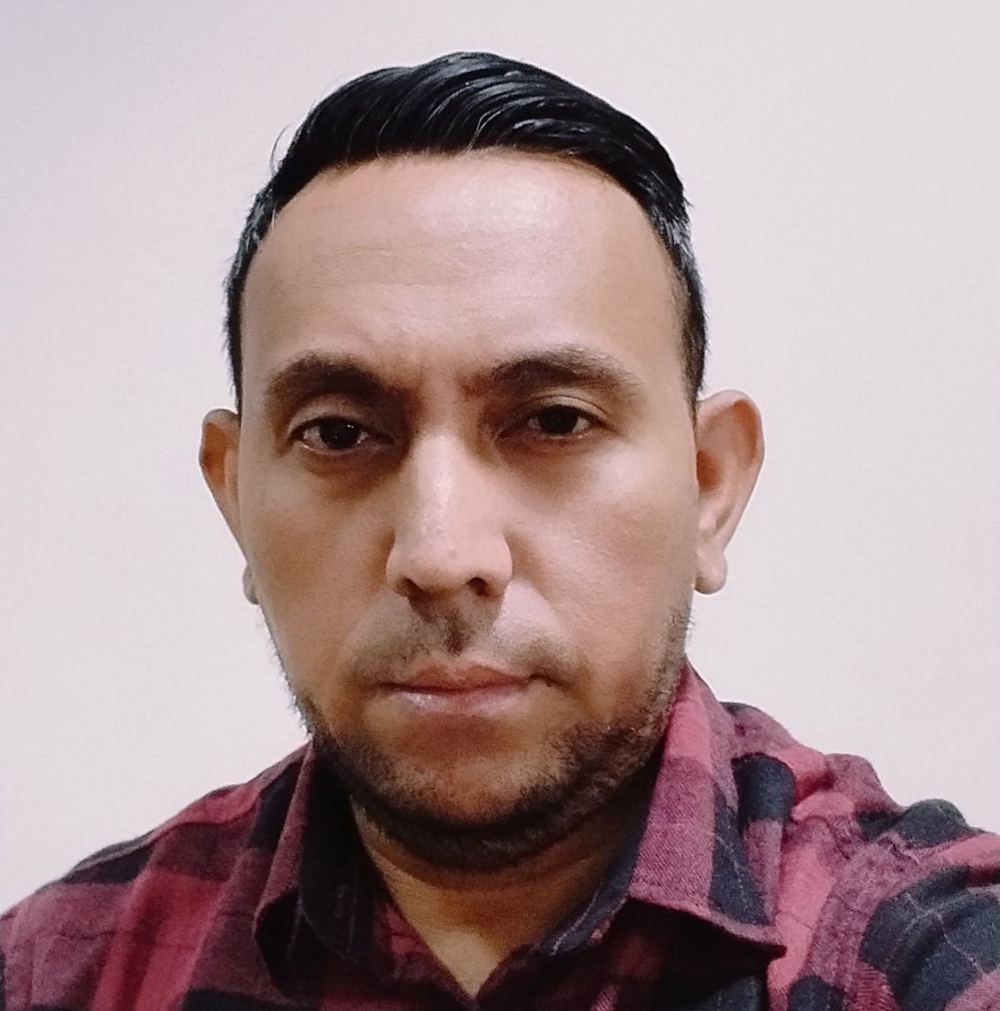 A man with a beard is wearing a plaid shirt and taking a selfie.
