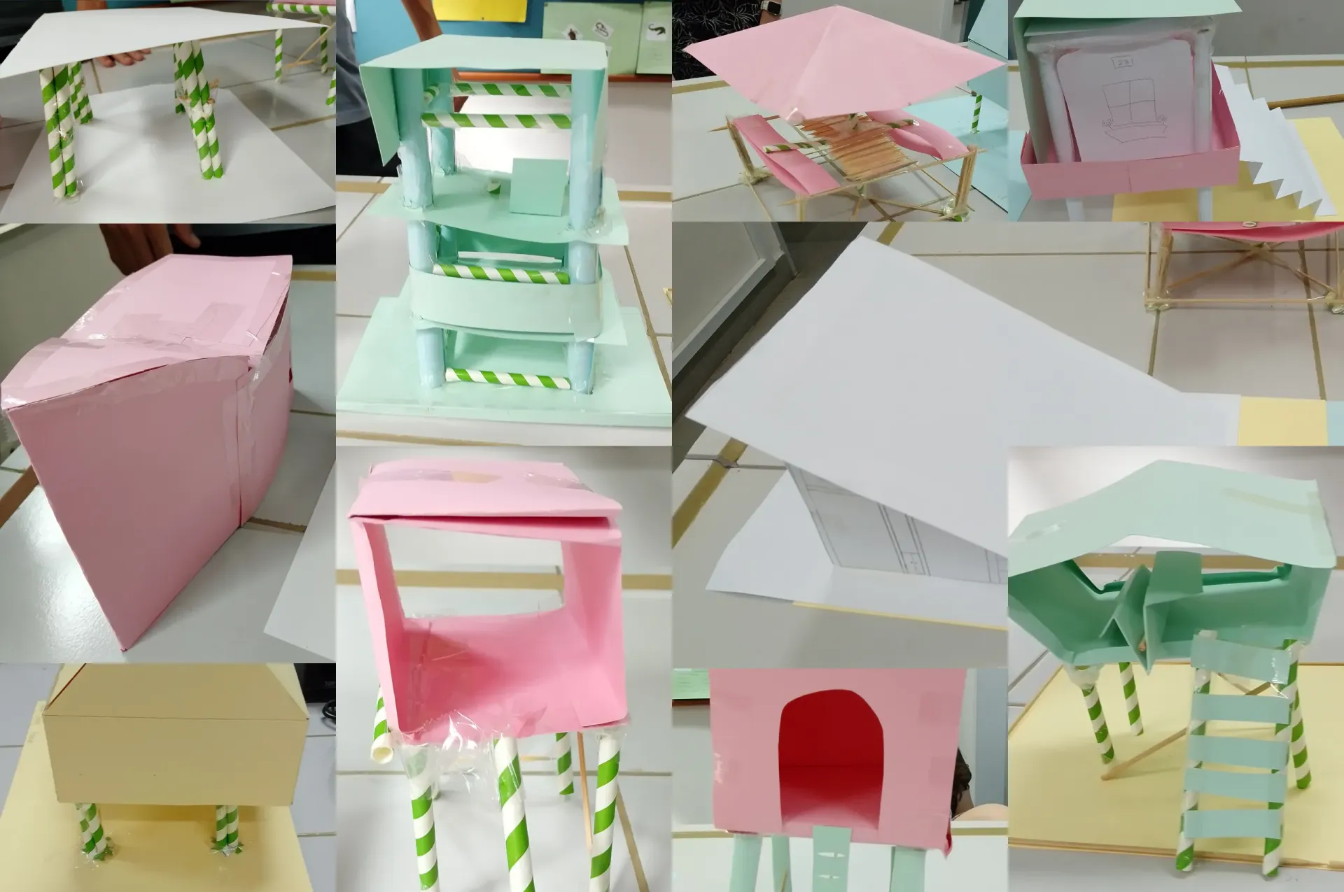 A collage of pictures of various objects made out of paper