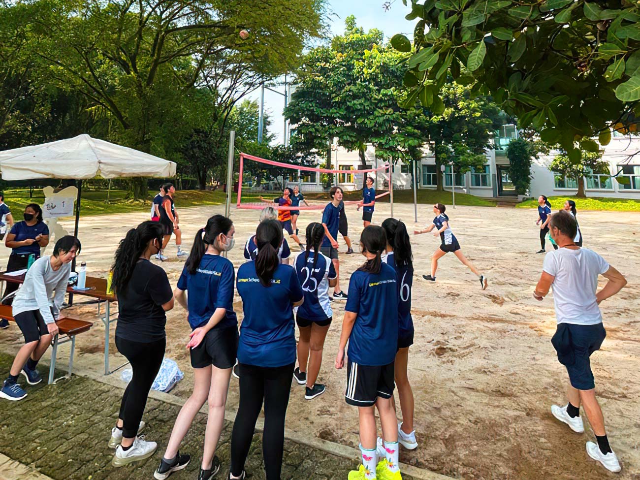A group of people are playing volleyball in a park.