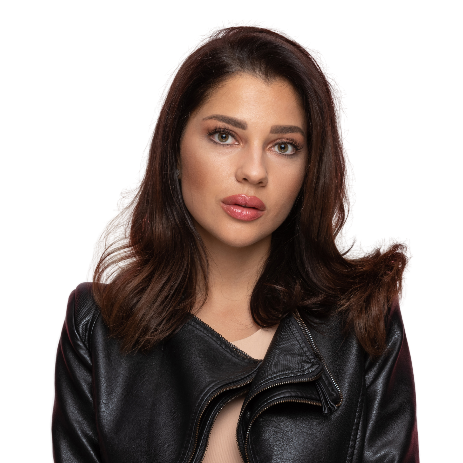 A woman wearing a black leather jacket.