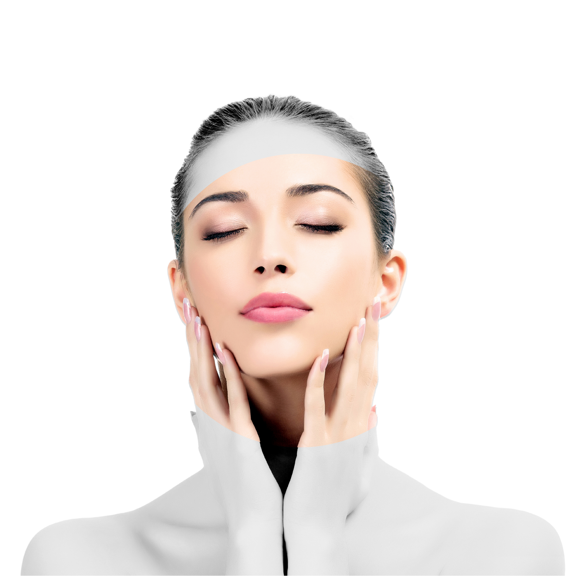 A woman with her eyes closed and her hands on her face.