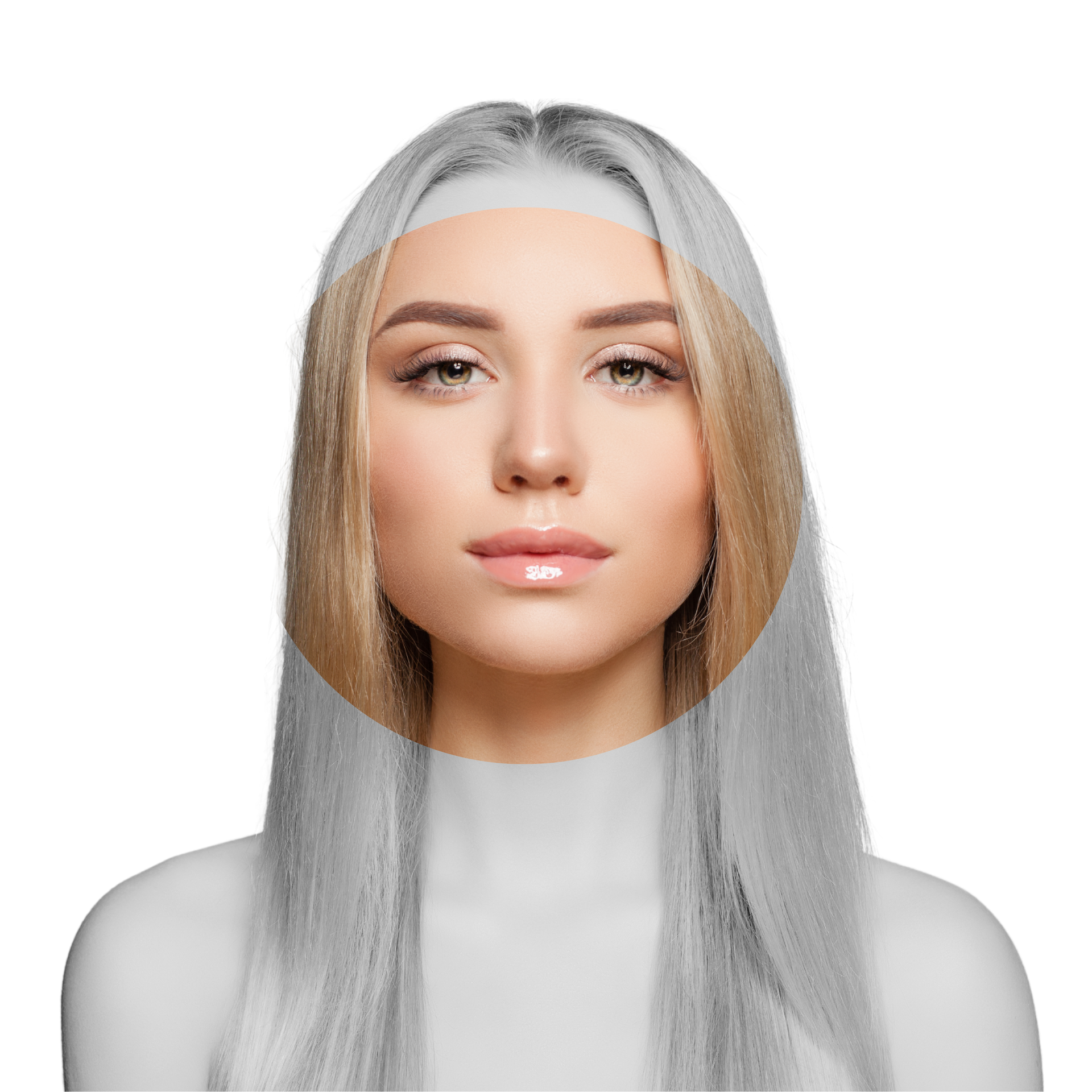 A woman with long blonde hair is wearing a white shirt.