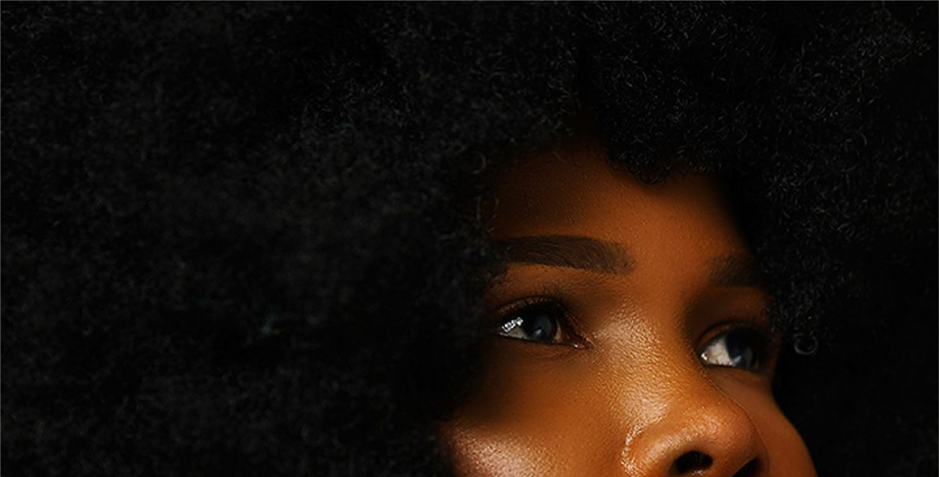 A close up of a woman 's face with a large afro.