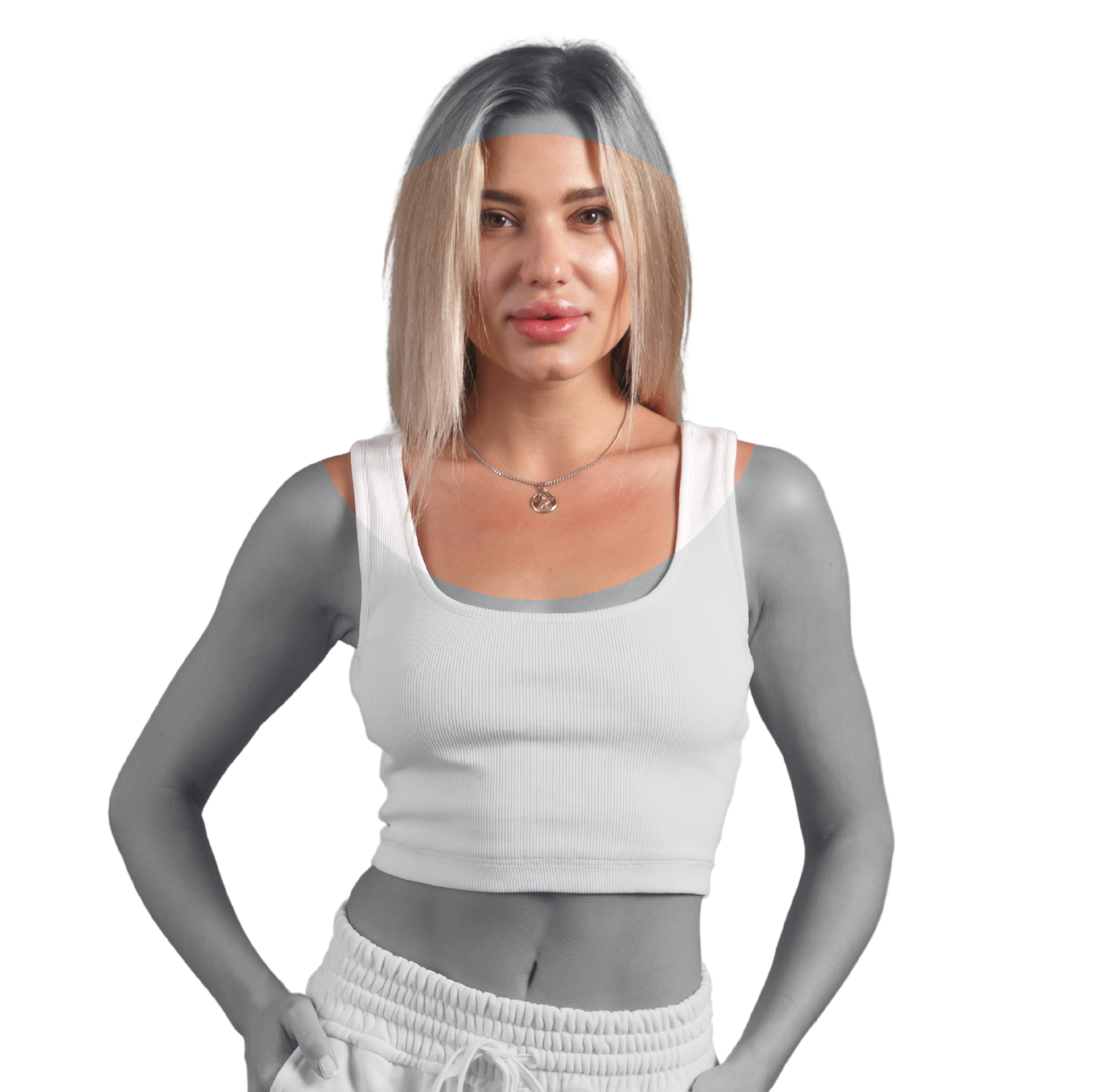 A woman is wearing a white crop top and white shorts.