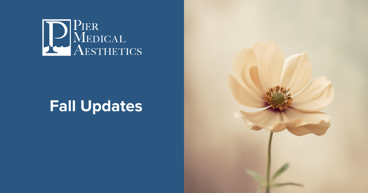 Pier Medical Associates fall updates banner with beige flower on a blue and tan background