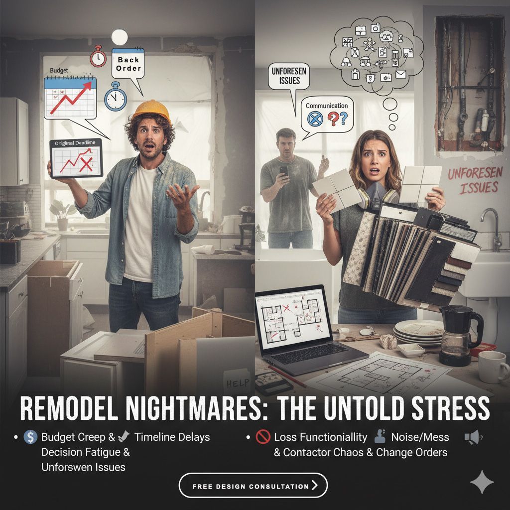 A stressed couple stands in a chaotic kitchen remodel scene surrounded by tools, unfinished cabinets, and floating icons showing budget overruns, missed deadlines, and communication issues. The headline reads “Remodel Nightmares: The Untold Stress,” with bullet points highlighting problems like budget creep, timeline delays, decision fatigue, loss of functionality, and contractor chaos.