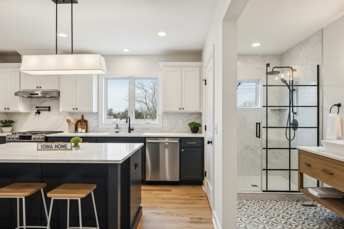 Modern kitchen remodel with quartz countertops and center island in Iowa home