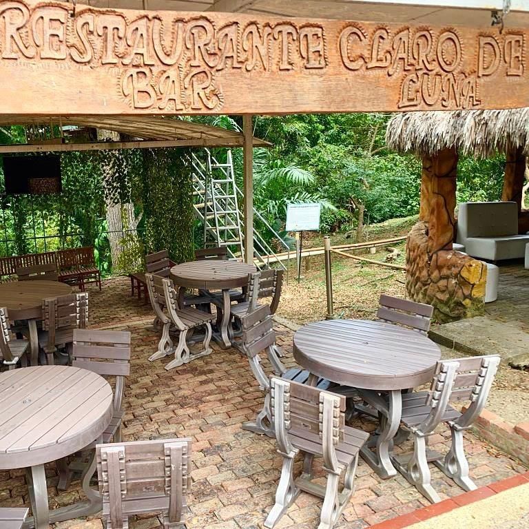 Restaurante al aire libre con mesas y sillas de madera bajo un toldo rústico. La exuberante vegetación rodea el comedor.
