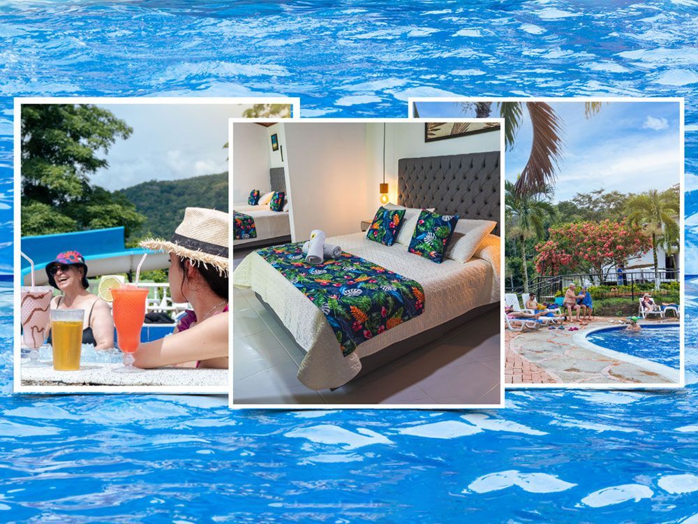 Collage de escenas de un complejo turístico: piscina, dormitorio con cama y persona con bebidas junto al agua.