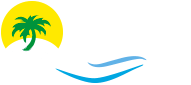 Sol amarillo con palmera verde, olas azules, tema tropical.